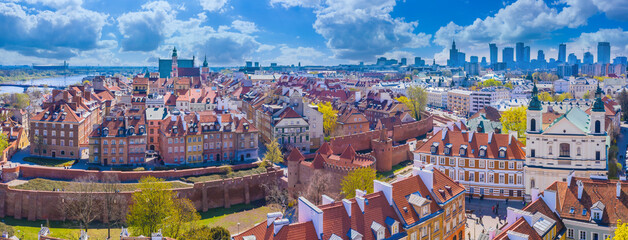 Skyline Warsaw with old town. Warsaw, Poland Old town market square with street during sunny day