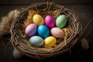 Obraz na płótnie Canvas colorful easter eggs in hay basket 