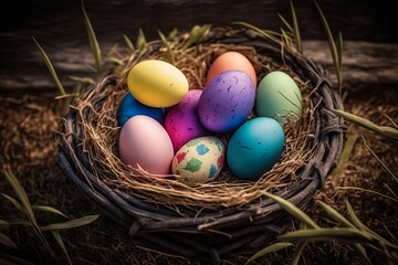 Naklejka na ściany i meble colorful easter eggs in hay basket 