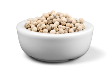 Collection of different spices with names in white pans, isolated