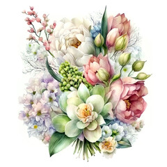 Watercolor floral bouquet spring flowers. Botanical illustration. Generative AI