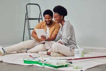 Painting, tablet or black couple in home renovation, diy or house remodel online shopping together. Digital, ecommerce choices or African man on the internet with woman excited about family property