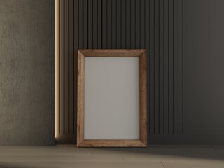Vertical wooden Frame Mockup for poster in living room, 3d rendering