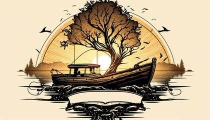 The logo that depicts a fisherman's tree on a boat. Generative AI