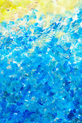 Abstract impressionism acrylic background. blue turquoise sea, sky and yellow golden sand on beach under sun for travel