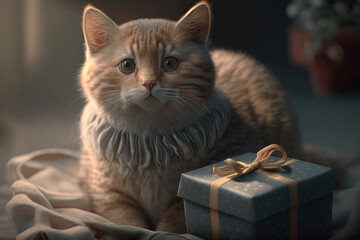 Cat with a gift, festive atmosphere. AI generative.