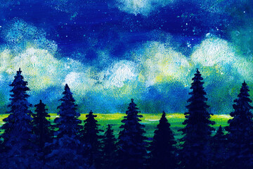 Dark blue background with fog, winter forest and white clouds. Drawn with hands with acrylic paints on canvas