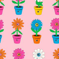 Pots with Flowers. Various shapes and colors. Abstract cartoon characters with faces. Botanical pot, cute domestic indoor plants. Hand drawn Vector illustration. Square seamless Pattern