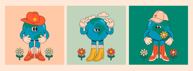 Obraz premium Set of Planet Earth characters. Cute Earth globe with emotions, face, arms, hats and legs in boots. Cartoon style. Hand drawn trendy Vector illustration. World earth day, caring for nature concept