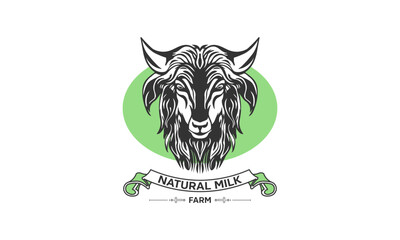 Vector logo or emblem. Monochrome head of a horned good goat with a ribbon and an inscription, natural milk, farm. White isolated background.