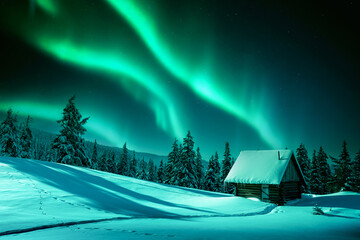 Fantastic winter landscape with wooden house in snowy mountains and northen light in night sky