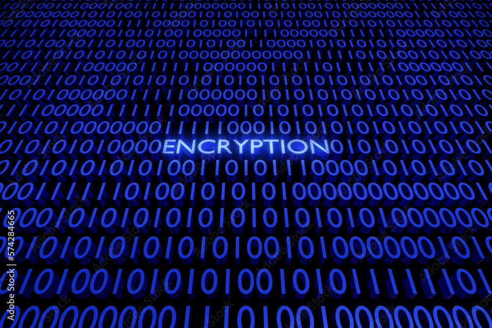 Poster encryption text among wall of 0 and 1 numbers. zero and one digits.