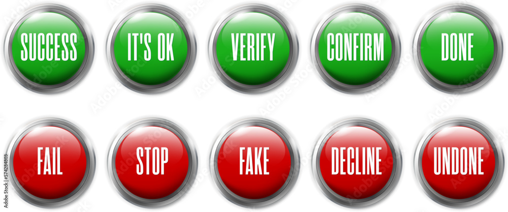 Poster set of red and green glossy buttons with different inscriptions