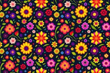 Colorful flowers and leaves - Seamless pattern.