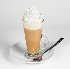 Coffee latte cafe tall long glass white background whipped cream milk barisa spoon plate coffeeshop offer clean