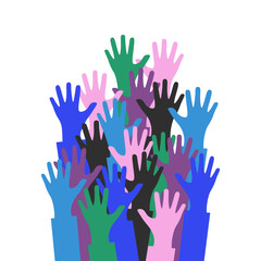  The group raised human arms and hands. Diversity multiethnic people. Racial equality. Men and women of different cultures and peoples. harmony of coexistence. Multicultural Community Integration.
