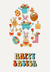 Easter card with elements in the shape of an easter egg in retro style. Groovy style  characters