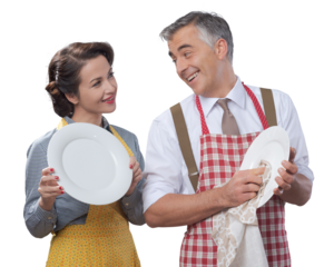 Vintage couple dish washing together