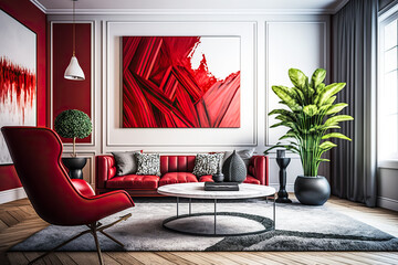 A cozy luxury living room in a red color scheme, beautiful architecture with modern furniture, paintings on the wall, fresh flowers, and huge windows with a view on the garden (generative ai) 