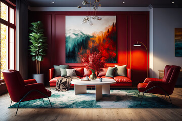 A cozy luxury living room in a red color scheme, beautiful architecture with modern furniture, paintings on the wall, fresh flowers, and huge windows with a view on the garden (generative ai) 