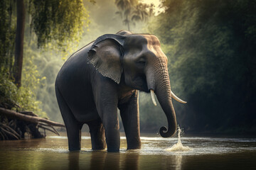 Fototapeta na wymiar An Asian elephant bathes in lakes near a waterfall in the tropics. Photorealistic illustration generated by AI. 