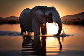 Fototapeta na wymiar African Elephant Bates in Lakes in the savannah. Photorealistic Illustration Generated by AI.