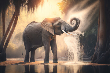 An Asian elephant bathes in lakes near a waterfall in the tropics. Photorealistic illustration generated by AI.