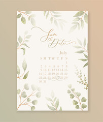 Luxury wedding invitation card background with green watercolor botanical leaves. Save the date calendar date. Abstract floral art background vector design for wedding and vip cover template.