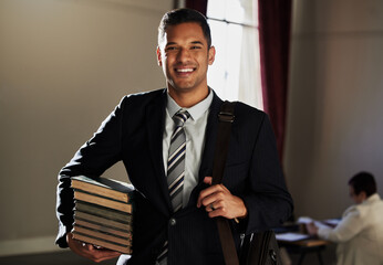Legal books, portrait smile and lawyer research law firm, happy office management or justice...