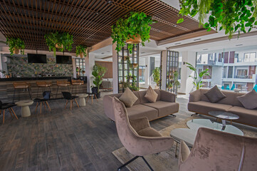 Interior of a luxury hotel lobby reception area