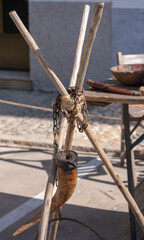 Medieval festival show, historical performance. Weapons, armor, utensils and objects of medieval life.