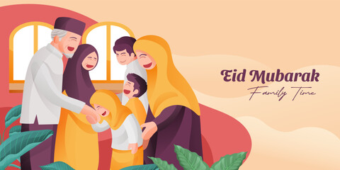 Eid Mubarak Family Gathering Illustration With Muslim Elder Parents and Kids Together Smile Full of Happiness