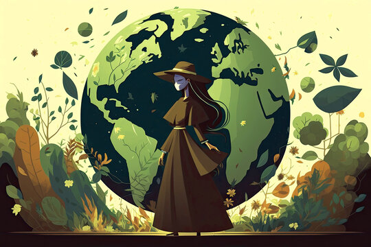 Generative AI. Poster for Mother Earth Day with the image of a beautiful woman in the image of nature. Cartoon illustration of a girl with a wild natural forest and a globe.