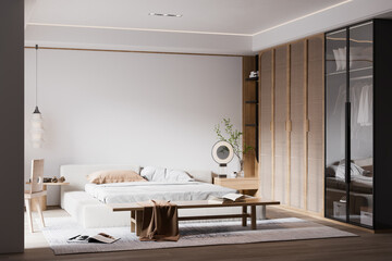 Interior Bedroom Wall Mockup - 3d rendering, 3d illustration