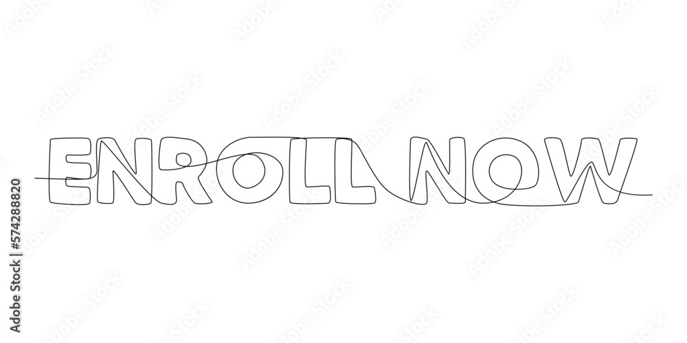Poster one continuous line of enroll now word. thin line illustration vector concept. contour drawing creat