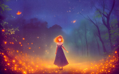 Fototapeta na wymiar Girl standing in middle of magic night forest with sky background and stars above her head