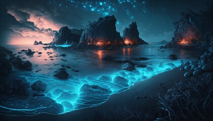 Magic Beach with Northern Lights Colorful Effects Generated by AI