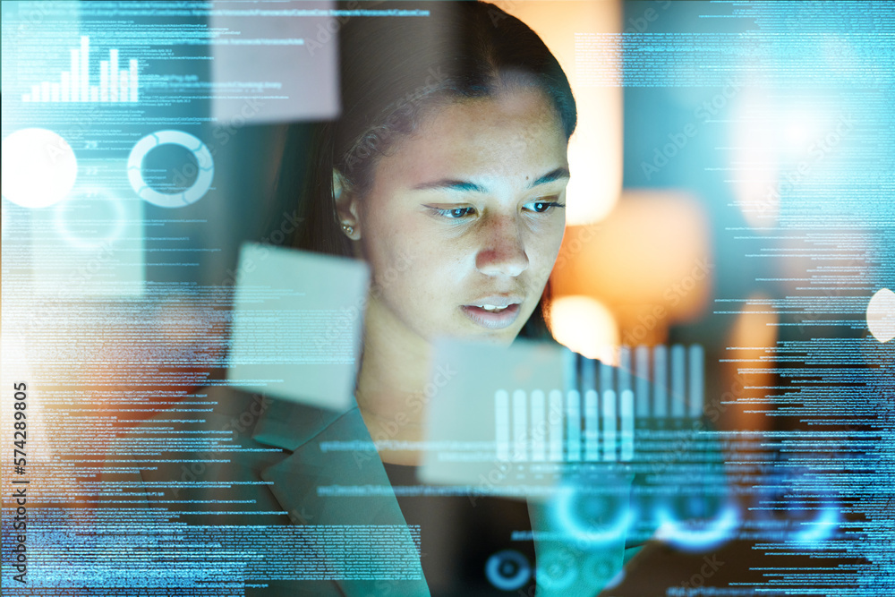 Poster digital, graphic and woman with a tablet for business, software network and online data. futuristic,