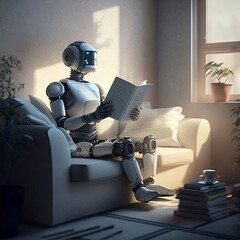 AI robot reads book sitting on couch in comfort at home.
Created with Generative AI