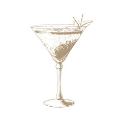 Cosmopolitan vector hand drawn illustration. Monochrome alcoholic cocktail decorated with citrus spiral ink drawing. Strong drink, beverage in glassware. Restaurant menu, poster design element