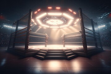 Cage fight arena . Interior view of fighting arena with fans and shining spotlights,Generative Ai