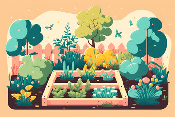 Illustration of a spring garden and herb and vegetable beds. Generative ai