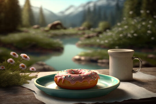 Donut in a plate against the backdrop of mountains. AI generative.