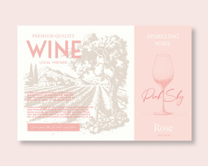 Premium Quality Pink Wine Label Hand Drawn Rural Vineyard Landscape Sketches with Vintage Typography. Isolated.