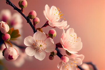 Brunch of light pink cherry or sakura blossoms on background. Botanical selective focus. AI Generated