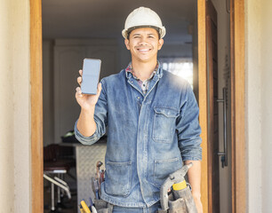 Construction worker, man in portrait and phone, screen with mockup and contact, digital marketing...