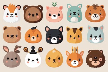 Set of faces of cute cartoon animals. Children's sticker design. Generative ai