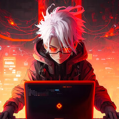 Generative AI Illustration of a Red-Eyed Hacker with White Hair in Cyber Space