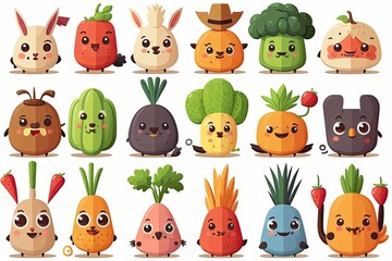 Set of cartoon vegetables with funny faces. White background. Generative ai