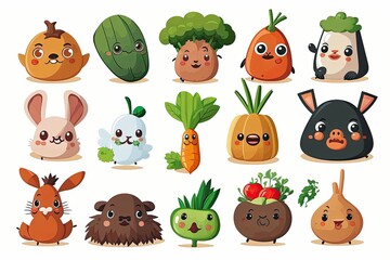 Set of different icons of vegetables with comic faces. Children's cartoon illustration. Generative ai